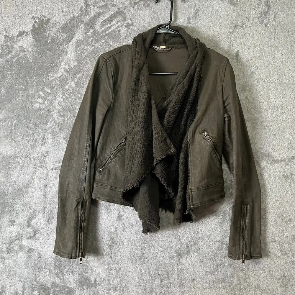 Free People Draped Scarf Collar Faux Leather Jacket Boho Grunge Biker 2‎ Green